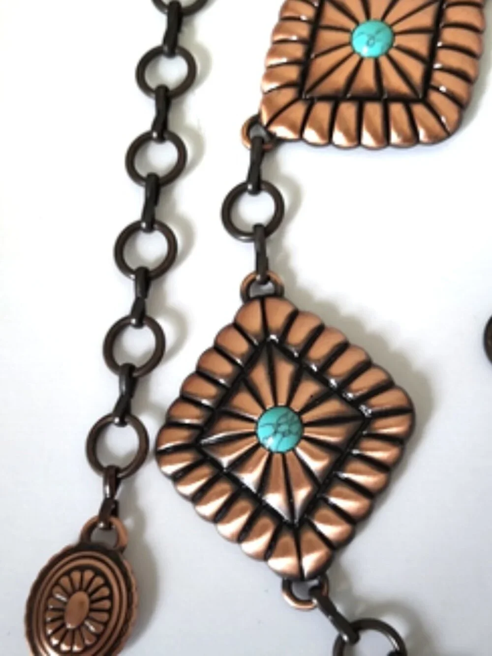 Turquoise Accent Diamond Shape Concho Copper-Tone Linked Waist Chain Belt 39
